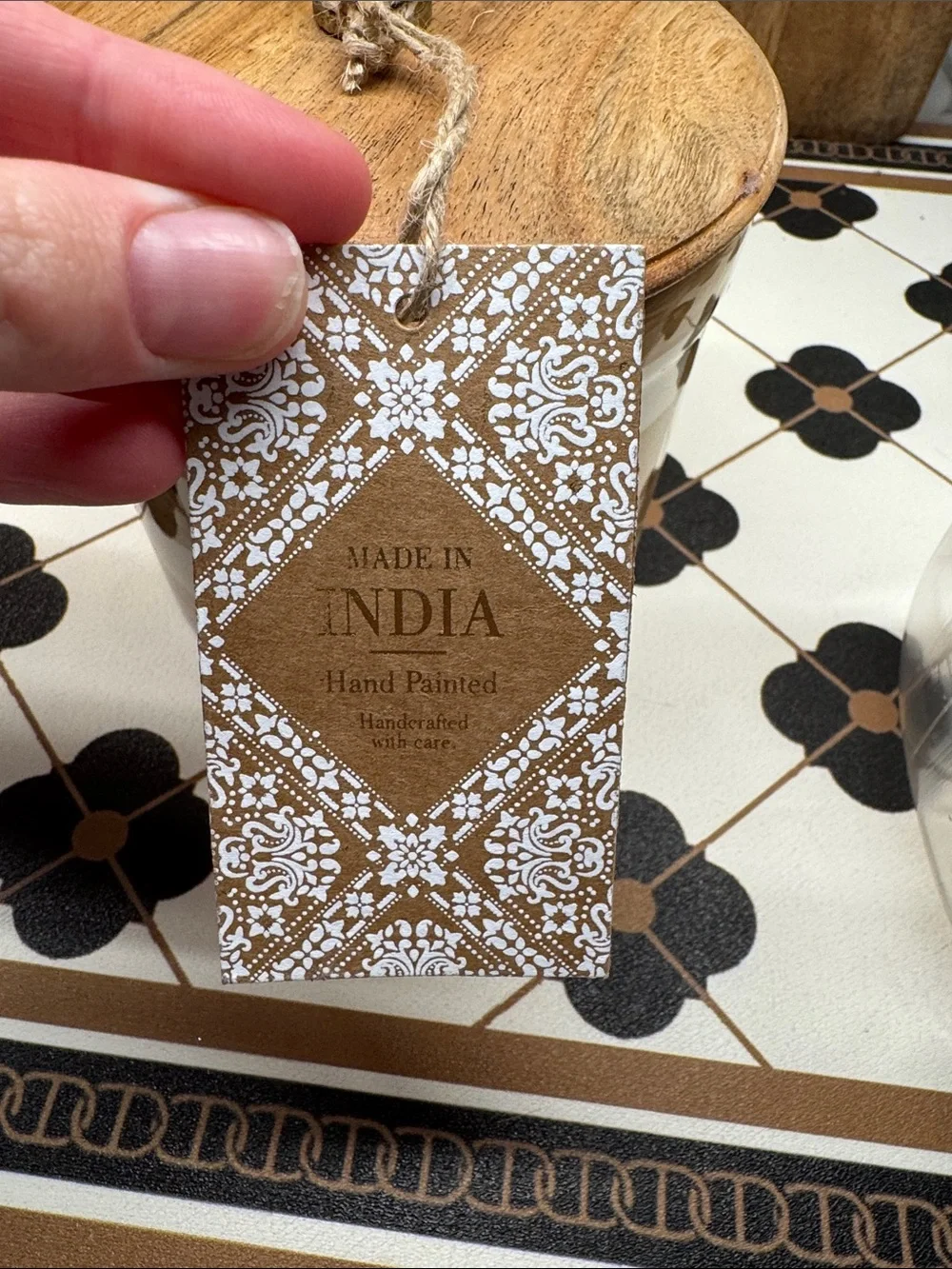 Made in India Mocha Checkered Ceramic Canister with Wood Lid
